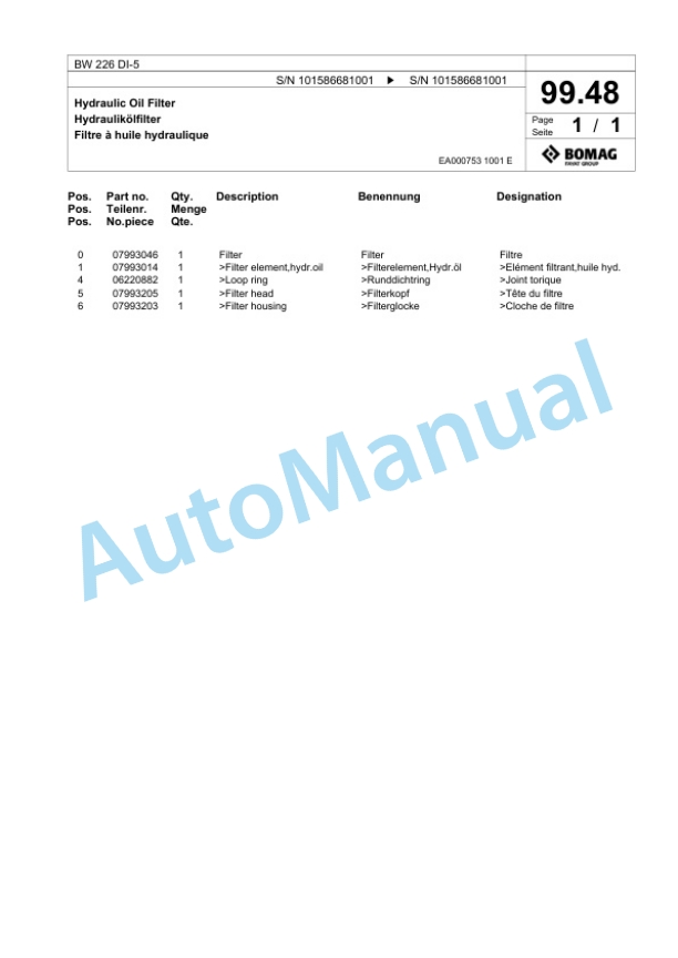 Bomag BW 226 DI-5 Single Drum Wheel Drive Vibratory Roller Spare Parts Catalogue 00825231 3 Bomag BW 226 DI-5 Single Drum Wheel Drive Vibratory Roller Spare Parts Catalogue 00825231-3