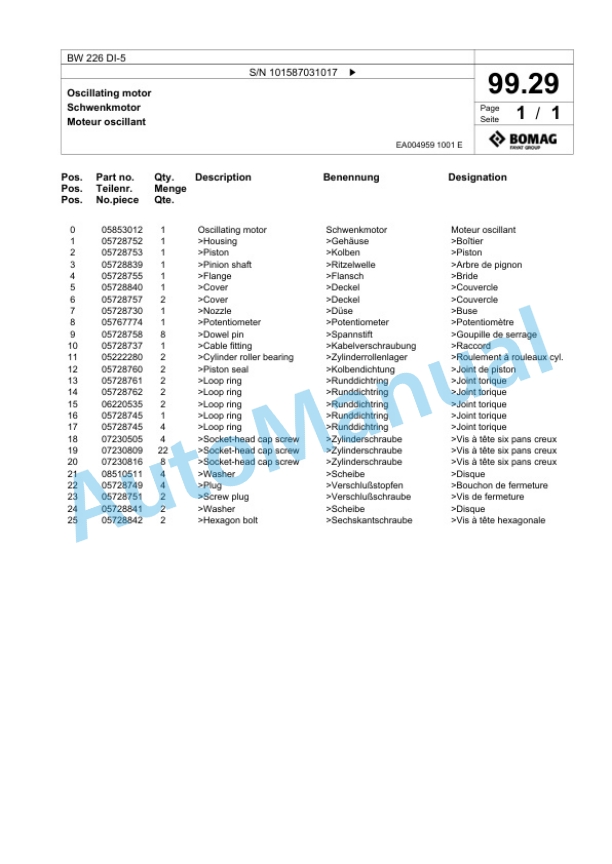 Bomag BW 226 DI-5 Single Drum Wheel Drive Vibratory Roller Spare Parts Catalogue 00825711 3 Bomag BW 226 DI-5 Single Drum Wheel Drive Vibratory Roller Spare Parts Catalogue 00825711-3