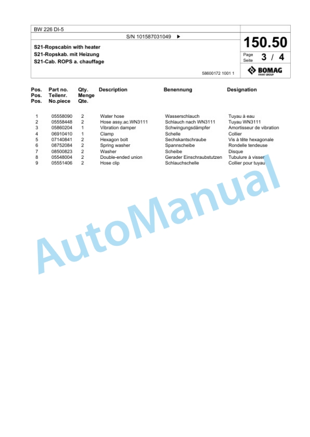 Bomag BW 226 DI-5 Single Drum Wheel Drive Vibratory Roller Spare Parts Catalogue 00825711 4 Bomag BW 226 DI-5 Single Drum Wheel Drive Vibratory Roller Spare Parts Catalogue 00825711-4
