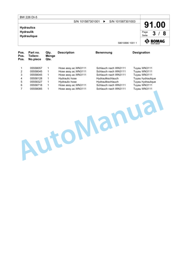Bomag BW 226 DI-5 Single Drum Wheel Drive Vibratory Roller Spare Parts Catalogue 00825841 3 Bomag BW 226 DI-5 Single Drum Wheel Drive Vibratory Roller Spare Parts Catalogue 00825841-3