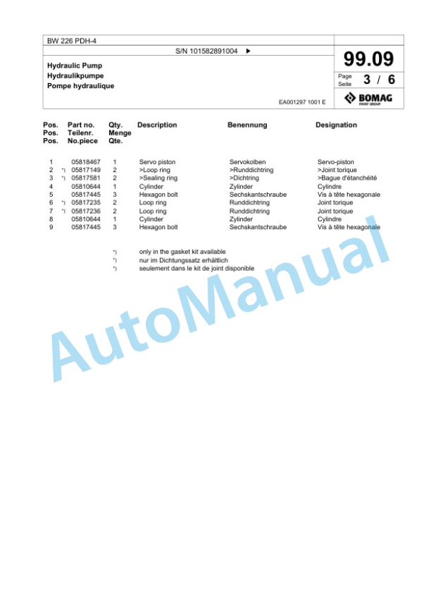 Bomag BW 226 PDH-4 Single Drum Wheel Drive Vibratory Roller Spare Parts Catalogue 00818075 3 Bomag BW 226 PDH-4 Single Drum Wheel Drive Vibratory Roller Spare Parts Catalogue 00818075-3
