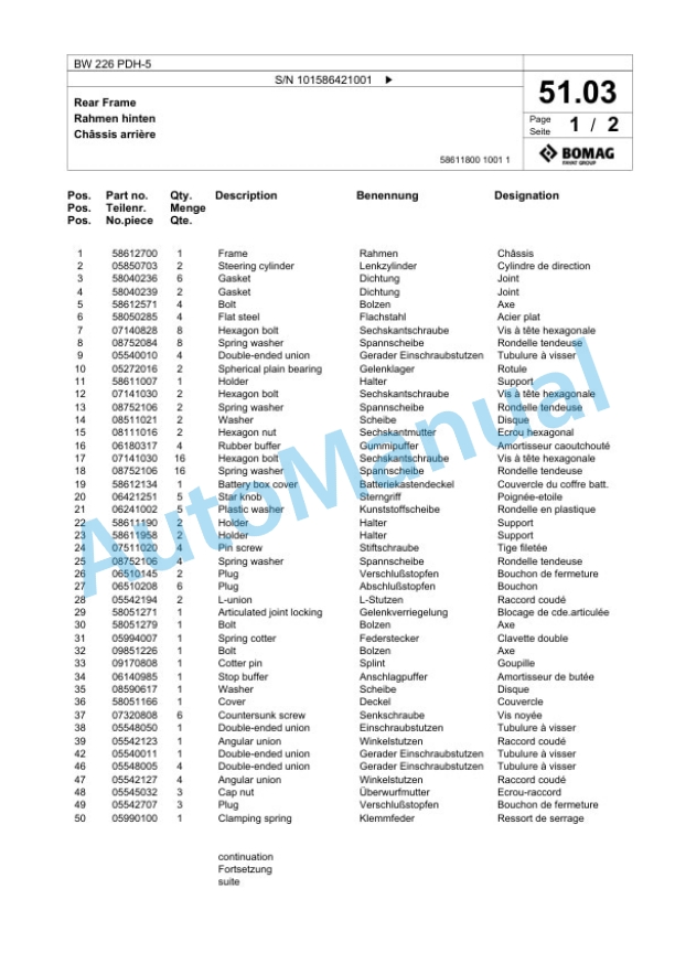 Bomag BW 226 PDH-5 Single Drum Wheel Drive Vibratory Roller Spare Parts Catalogue 00824851 2 Bomag BW 226 PDH-5 Single Drum Wheel Drive Vibratory Roller Spare Parts Catalogue 00824851-2