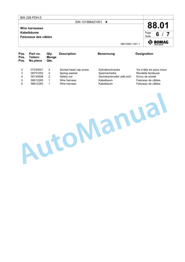 Bomag BW 226 PDH-5 Single Drum Wheel Drive Vibratory Roller Spare Parts Catalogue 00824851 3 Bomag BW 226 PDH-5 Single Drum Wheel Drive Vibratory Roller Spare Parts Catalogue 00824851-3