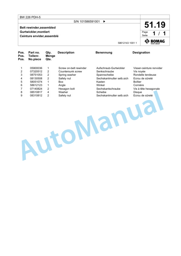 Bomag BW 226 PDH-5 Single Drum Wheel Drive Vibratory Roller Spare Parts Catalogue 00825057 2 Bomag BW 226 PDH-5 Single Drum Wheel Drive Vibratory Roller Spare Parts Catalogue 00825057-2