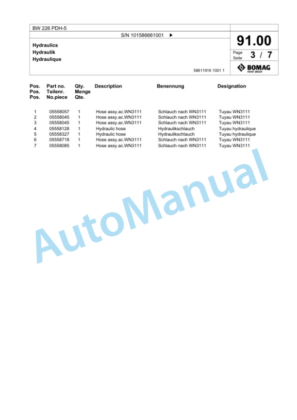 Bomag BW 226 PDH-5 Single Drum Wheel Drive Vibratory Roller Spare Parts Catalogue 00825229 3 Bomag BW 226 PDH-5 Single Drum Wheel Drive Vibratory Roller Spare Parts Catalogue 00825229-3