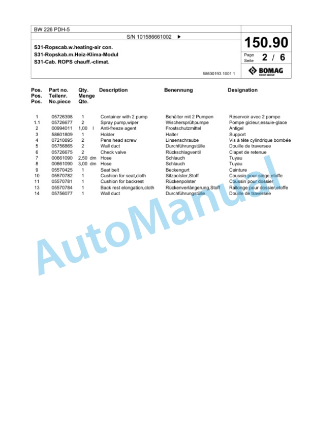 Bomag BW 226 PDH-5 Single Drum Wheel Drive Vibratory Roller Spare Parts Catalogue 00825229 5 Bomag BW 226 PDH-5 Single Drum Wheel Drive Vibratory Roller Spare Parts Catalogue 00825229-5