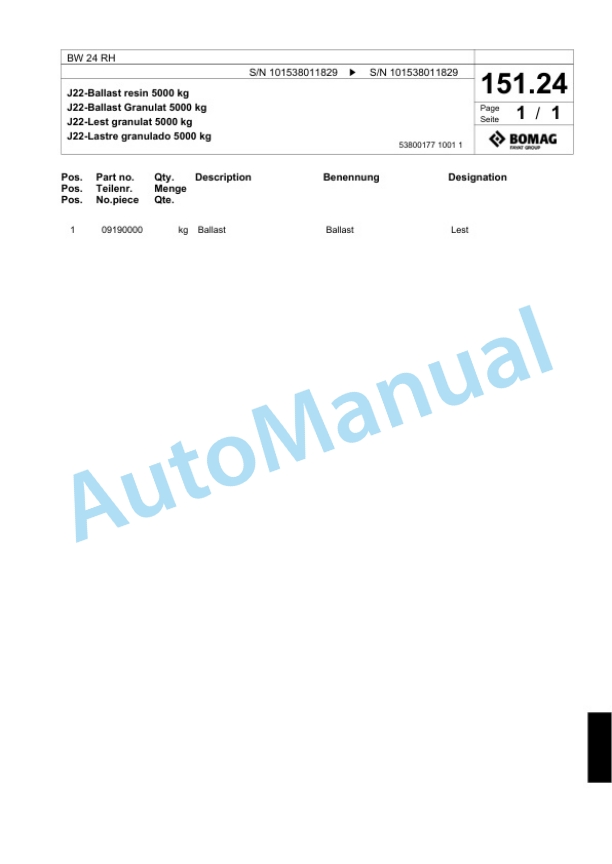 Bomag BW 24 RH Pneumatic Tyred Roller Spare Parts Catalogue 00818949 5 Bomag BW 24 RH Pneumatic Tyred Roller Spare Parts Catalogue 00818949-5