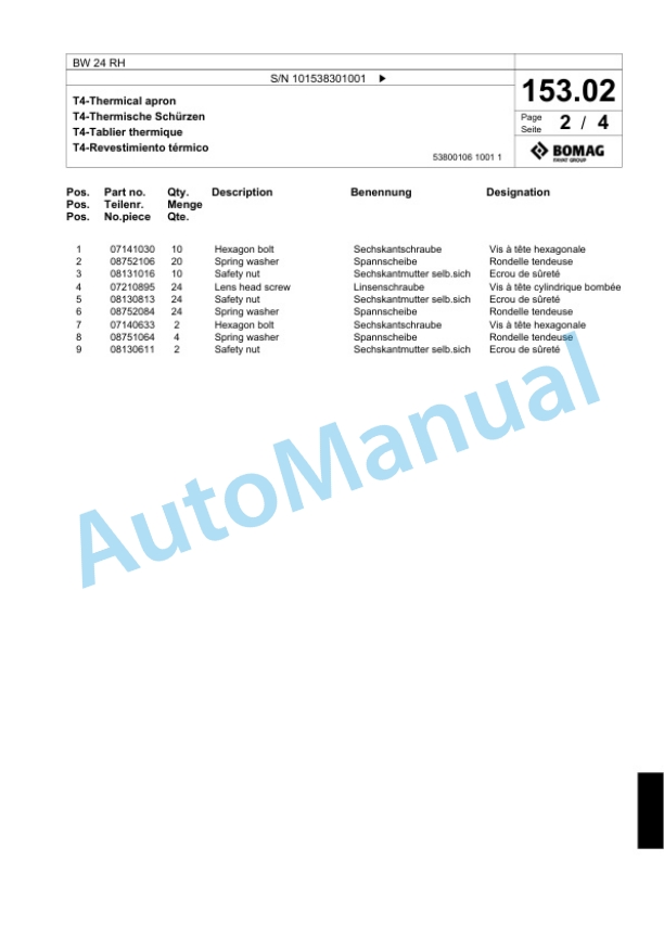 Bomag BW 24 RH Pneumatic Tyred Roller Spare Parts Catalogue 00818951-5
