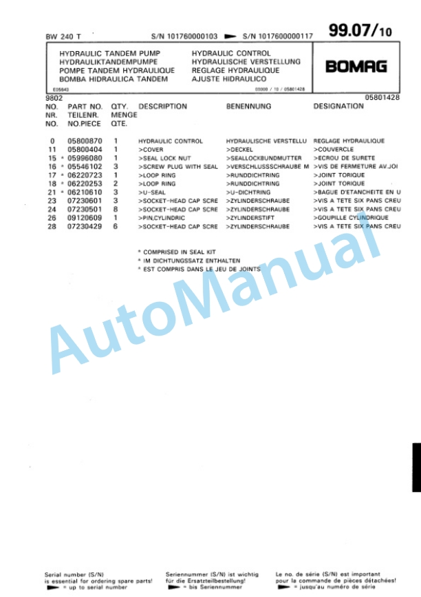 Bomag BW 240 T Trench Compactor Spare Parts Catalogue 00815222 5 Bomag BW 240 T Trench Compactor Spare Parts Catalogue 00815222-5
