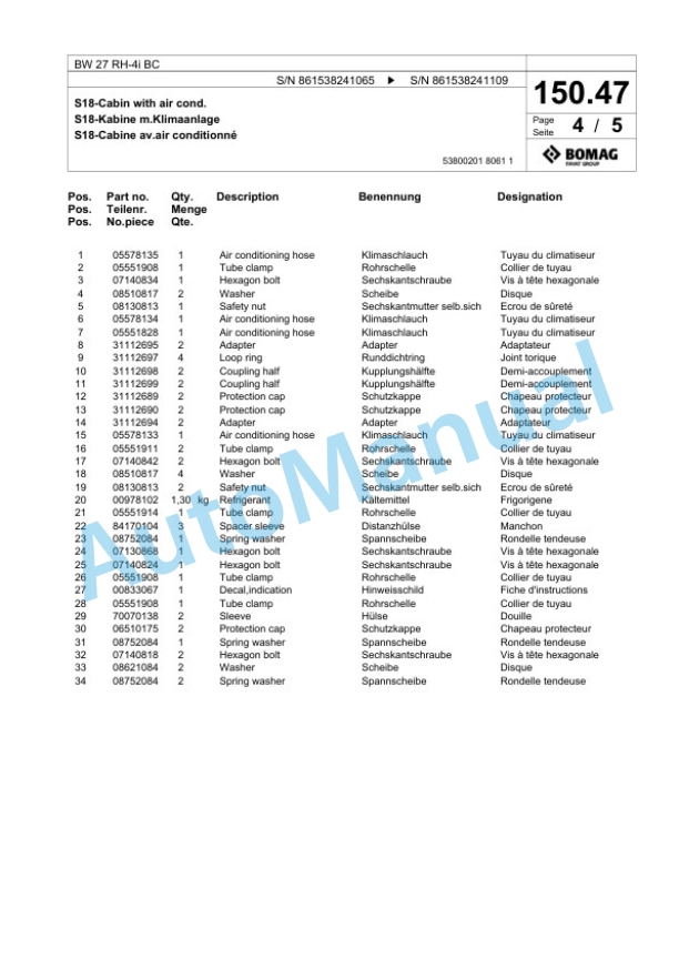 Bomag BW 27 RH-4i BC Pneumatic Tyred Roller Spare Parts Catalogue 00824723 4 Bomag BW 27 RH-4i BC Pneumatic Tyred Roller Spare Parts Catalogue 00824723-4