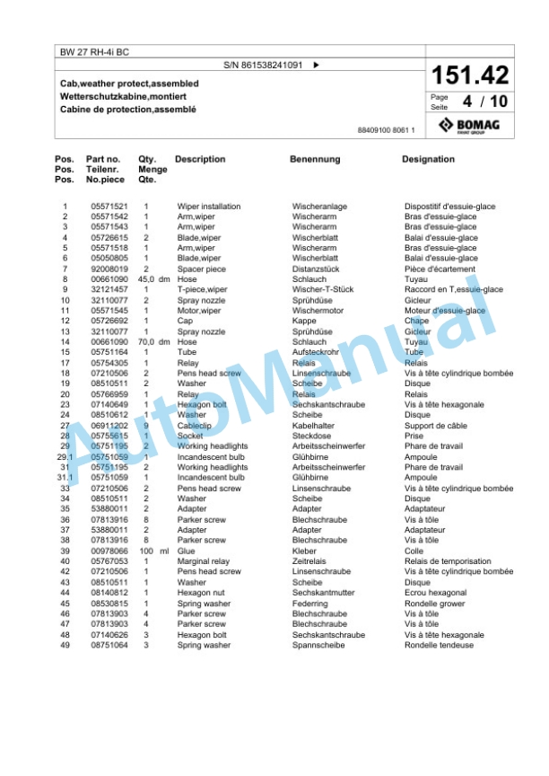 Bomag BW 27 RH-4i BC Pneumatic Tyred Roller Spare Parts Catalogue 00824723 5 Bomag BW 27 RH-4i BC Pneumatic Tyred Roller Spare Parts Catalogue 00824723-5