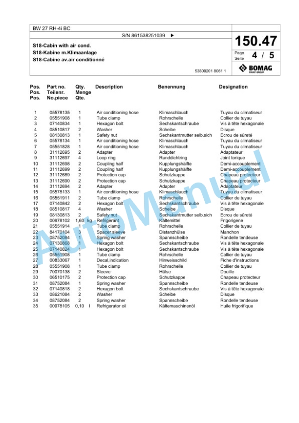 Bomag BW 27 RH-4i BC Pneumatic Tyred Roller Spare Parts Catalogue 00825087 5 Bomag BW 27 RH-4i BC Pneumatic Tyred Roller Spare Parts Catalogue 00825087-5