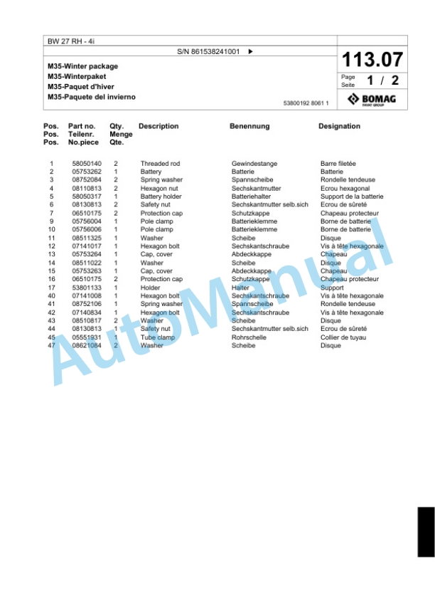 Bomag BW 27 RH-4i Pneumatic Tyred Roller Spare Parts Catalogue 00824705 4 Bomag BW 27 RH-4i Pneumatic Tyred Roller Spare Parts Catalogue 00824705-4