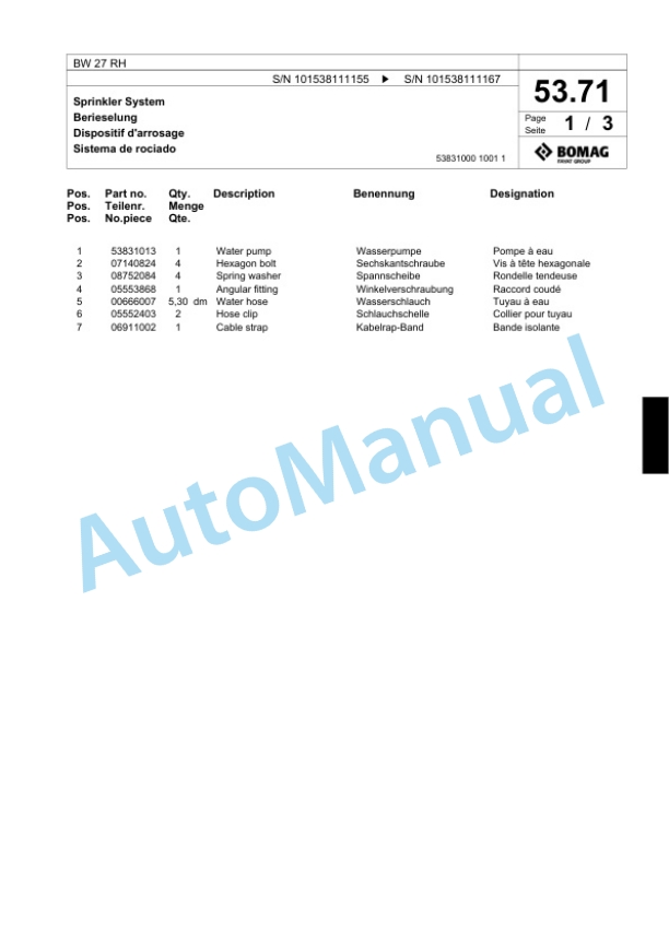 Bomag BW 27 RH Pneumatic Tyred Roller Spare Parts Catalogue 00818315-2
