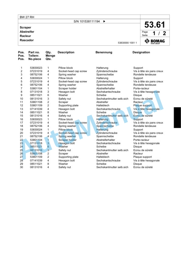 Bomag BW 27 RH Pneumatic Tyred Roller Spare Parts Catalogue 00818997-2