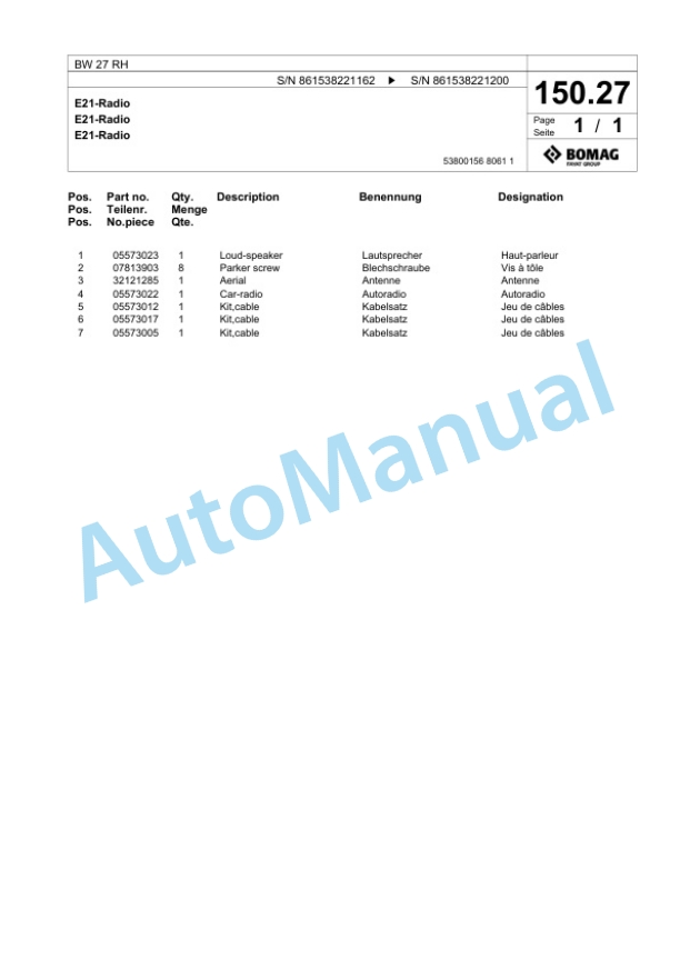 Bomag BW 27 RH Pneumatic Tyred Roller Spare Parts Catalogue 00824407-3