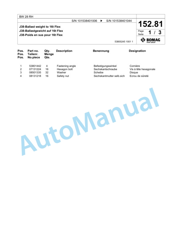 Bomag BW 28 RH Pneumatic Tyred Roller Spare Parts Catalogue 00824957 4 Bomag BW 28 RH Pneumatic Tyred Roller Spare Parts Catalogue 00824957-4