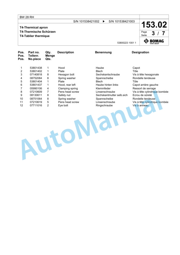 Bomag BW 28 RH Pneumatic Tyred Roller Spare Parts Catalogue 00824991-5