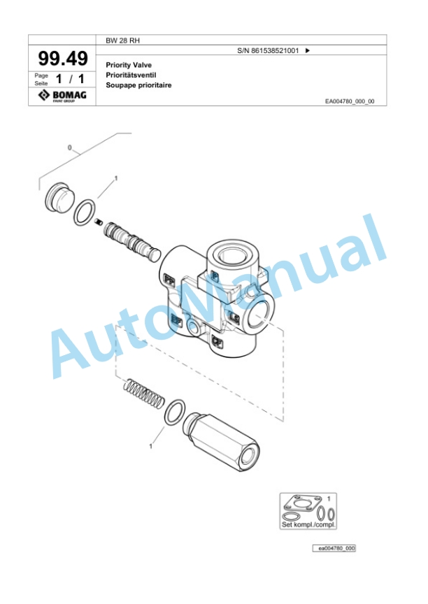 Bomag BW 28 RH Pneumatic Tyred Roller Spare Parts Catalogue 00825259-3