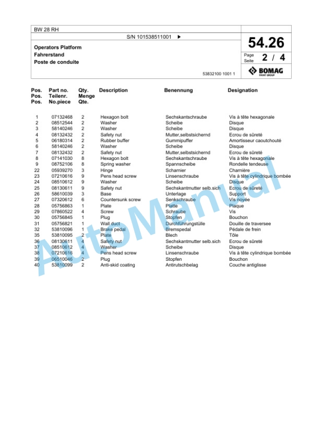 Bomag BW 28 RH Pneumatic Tyred Roller Spare Parts Catalogue 00826041 2 Bomag BW 28 RH Pneumatic Tyred Roller Spare Parts Catalogue 00826041-2