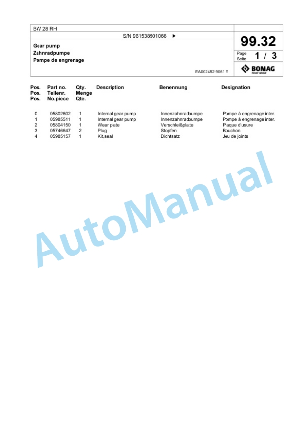Bomag BW 28 RH Pneumatic Tyred Roller Spare Parts Catalogue 00826173 2 Bomag BW 28 RH Pneumatic Tyred Roller Spare Parts Catalogue 00826173-2