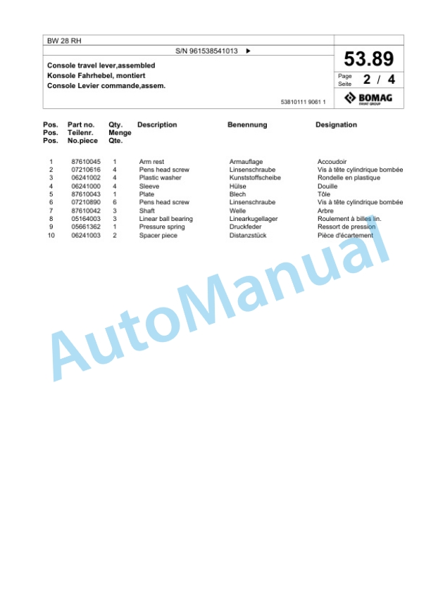 Bomag BW 28 RH Pneumatic Tyred Roller Spare Parts Catalogue 00826371 2 Bomag BW 28 RH Pneumatic Tyred Roller Spare Parts Catalogue 00826371-2