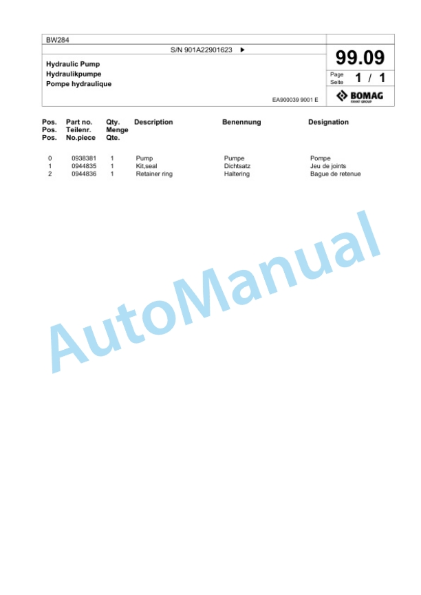 Bomag BW 284 Tandem Vibratory Roller Spare Parts Catalogue 00817829 5 Bomag BW 284 Tandem Vibratory Roller Spare Parts Catalogue 00817829-5