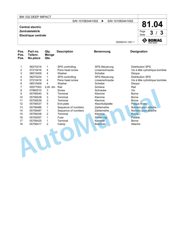 Bomag BW 332 DEEP IMPACT Single Drum Wheel Drive Vibratory Roller Spare Parts Catalogue 00818725 3 Bomag BW 332 DEEP IMPACT Single Drum Wheel Drive Vibratory Roller Spare Parts Catalogue 00818725-3