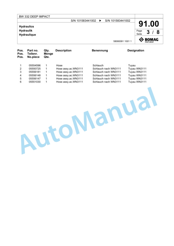 Bomag BW 332 DEEP IMPACT Single Drum Wheel Drive Vibratory Roller Spare Parts Catalogue 00818725 4 Bomag BW 332 DEEP IMPACT Single Drum Wheel Drive Vibratory Roller Spare Parts Catalogue 00818725-4