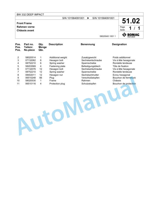 Bomag BW 332 DEEP IMPACT Single Drum Wheel Drive Vibratory Roller Spare Parts Catalogue 00818867 3 Bomag BW 332 DEEP IMPACT Single Drum Wheel Drive Vibratory Roller Spare Parts Catalogue 00818867-3
