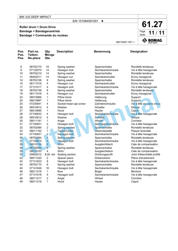 Bomag BW 332 DEEP IMPACT Single Drum Wheel Drive Vibratory Roller Spare Parts Catalogue 00818867 4 Bomag BW 332 DEEP IMPACT Single Drum Wheel Drive Vibratory Roller Spare Parts Catalogue 00818867-4