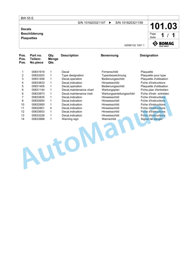 Bomag BW 55 E Single-Drum Vibration Roller Spare Parts Catalogue 00825513 5 Bomag BW 55 E Single-Drum Vibration Roller Spare Parts Catalogue 00825513-5