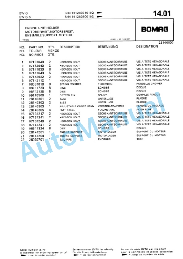 Bomag BW 6, BW 6S Towed Vibratory Rollers Spare Parts Catalogue 00812404 3 Bomag BW 6, BW 6S Towed Vibratory Rollers Spare Parts Catalogue 00812404-3