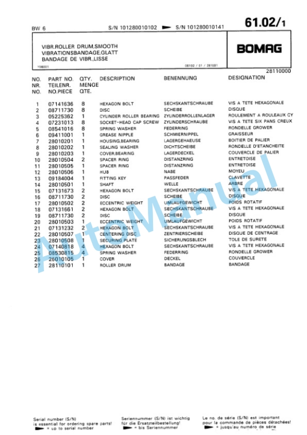 Bomag BW 6, BW 6S Towed Vibratory Rollers Spare Parts Catalogue 00812404 5 Bomag BW 6, BW 6S Towed Vibratory Rollers Spare Parts Catalogue 00812404-5