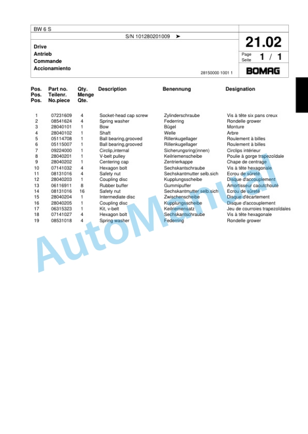 Bomag BW 6 S Tower Roller Spare Parts Catalogue 00817555 4 Bomag BW 6 S Tower Roller Spare Parts Catalogue 00817555-4