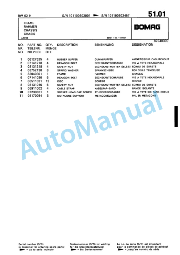 Bomag BW 62 H Double Vibratory Roller Spare Parts Catalogue 00810194 3 Bomag BW 62 H Double Vibratory Roller Spare Parts Catalogue 00810194-3