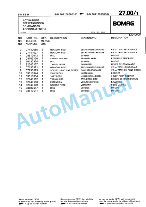 Bomag BW 62 H Double Vibratory Roller Spare Parts Catalogue 00810303 3 Bomag BW 62 H Double Vibratory Roller Spare Parts Catalogue 00810303-3