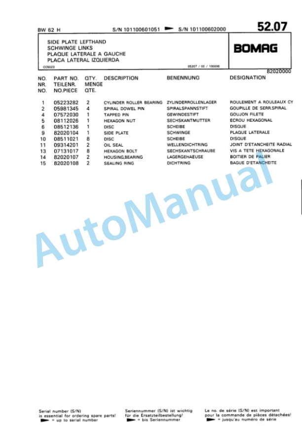 Bomag BW 62 H Double Vibratory Roller Spare Parts Catalogue 00810303 4 Bomag BW 62 H Double Vibratory Roller Spare Parts Catalogue 00810303-4