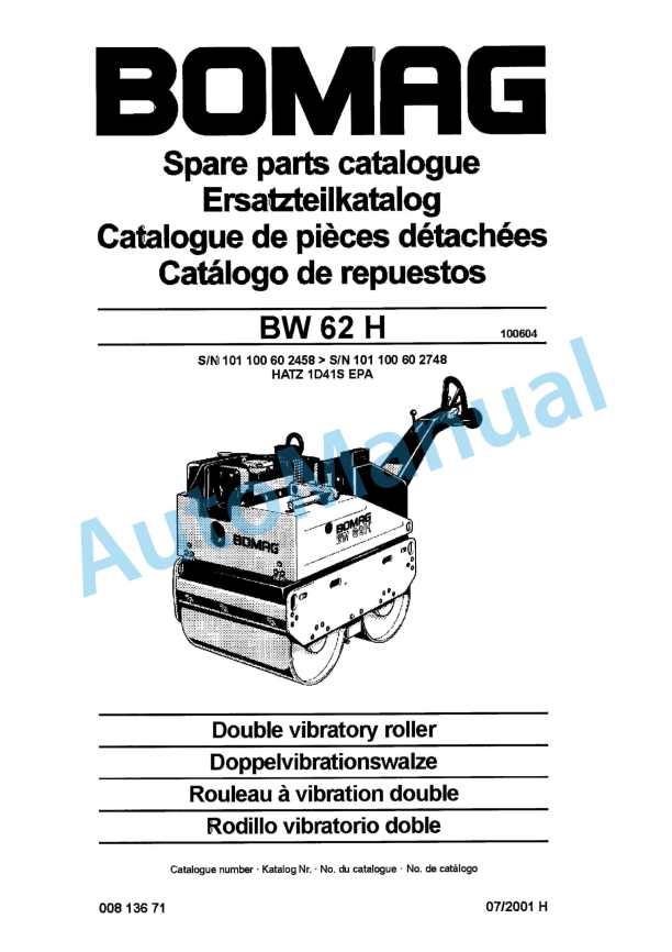 Bomag BW 62 H Double Vibratory Roller Spare Parts Catalogue 00813671 1 Bomag BW 62 H Double Vibratory Roller Spare Parts Catalogue 00813671
