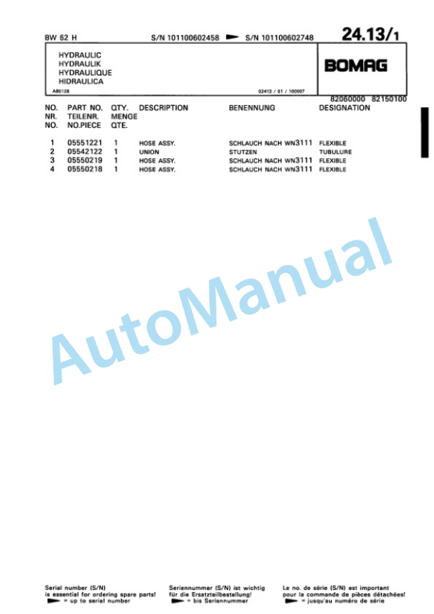 Bomag BW 62 H Double Vibratory Roller Spare Parts Catalogue 00813671 3 Bomag BW 62 H Double Vibratory Roller Spare Parts Catalogue 00813671-3