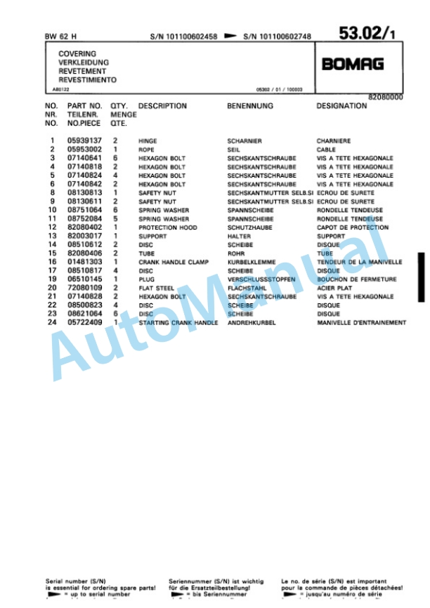 Bomag BW 62 H Double Vibratory Roller Spare Parts Catalogue 00813671 4 Bomag BW 62 H Double Vibratory Roller Spare Parts Catalogue 00813671-4