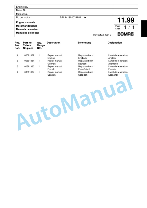 Bomag BW 62 H Double Vibratory Roller Spare Parts Catalogue 00817557 2 Bomag BW 62 H Double Vibratory Roller Spare Parts Catalogue 00817557-2