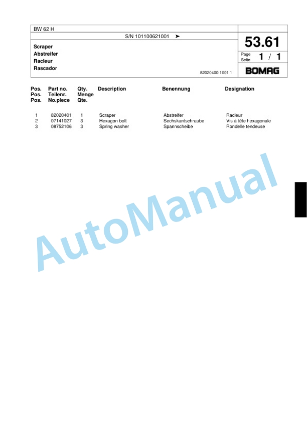 Bomag BW 62 H Double Vibratory Roller Spare Parts Catalogue 00818079 3 Bomag BW 62 H Double Vibratory Roller Spare Parts Catalogue 00818079-3