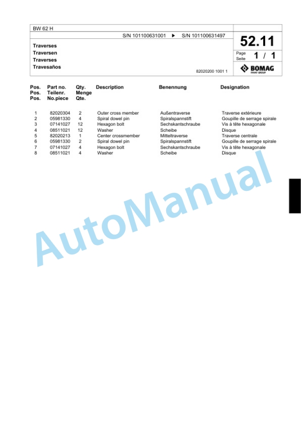 Bomag BW 62 H Double Vibratory Roller Spare Parts Catalogue 00818261 3 Bomag BW 62 H Double Vibratory Roller Spare Parts Catalogue 00818261-3