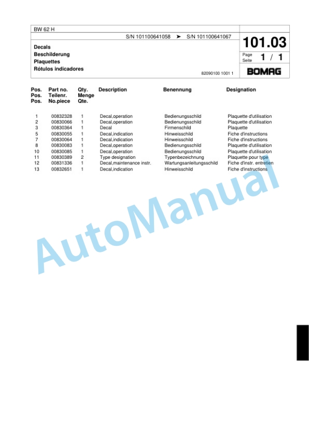 Bomag BW 62 H Double Vibratory Roller Spare Parts Catalogue 00818263 5 Bomag BW 62 H Double Vibratory Roller Spare Parts Catalogue 00818263-5