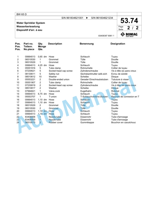 Bomag BW 65 D Double Vibratory Roller Spare Parts Catalogue 00826393 2 Bomag BW 65 D Double Vibratory Roller Spare Parts Catalogue 00826393-2
