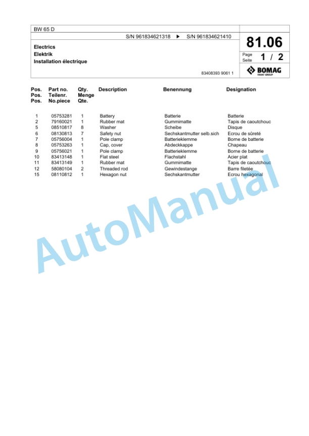Bomag BW 65 D Double Vibratory Roller Spare Parts Catalogue 00826393 3 Bomag BW 65 D Double Vibratory Roller Spare Parts Catalogue 00826393-3