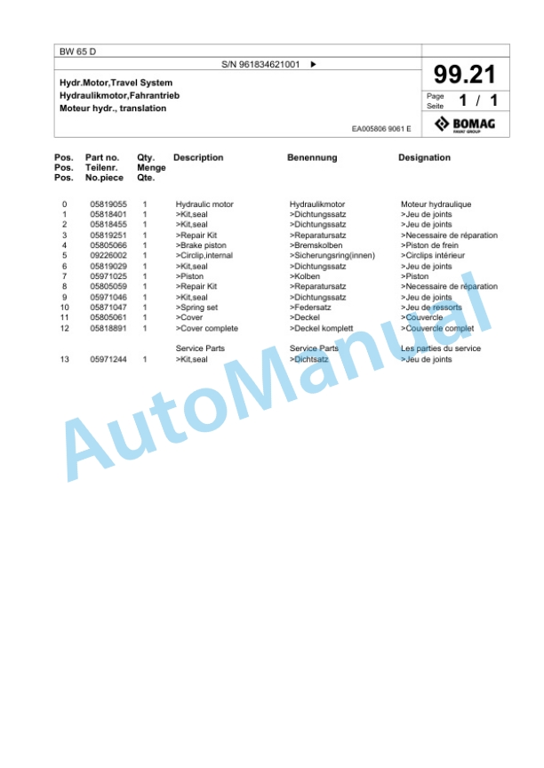 Bomag BW 65 D Double Vibratory Roller Spare Parts Catalogue 00826393 5 Bomag BW 65 D Double Vibratory Roller Spare Parts Catalogue 00826393-5