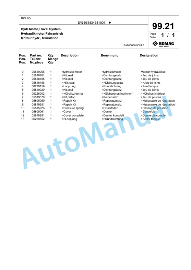 Bomag BW 65 Double Vibratory Roller Spare Parts Catalogue 00826395 5 Bomag BW 65 Double Vibratory Roller Spare Parts Catalogue 00826395-5
