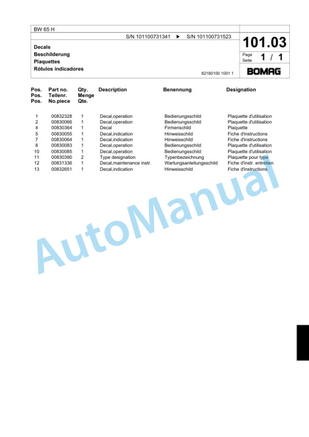 Bomag BW 65 H Double Vibratory Roller Spare Parts Catalogue 00818265 5 Bomag BW 65 H Double Vibratory Roller Spare Parts Catalogue 00818265-5